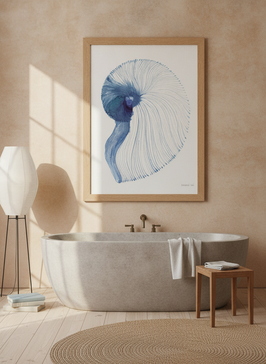 Modern wall art print styled on the wall in a warm Japandi bathroom
