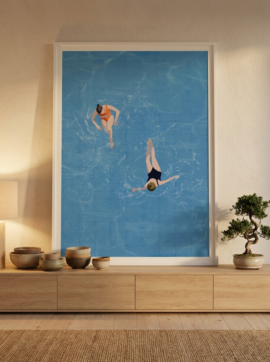 Modern wall art print standing on a sideboard in a warm Japandi bathroom