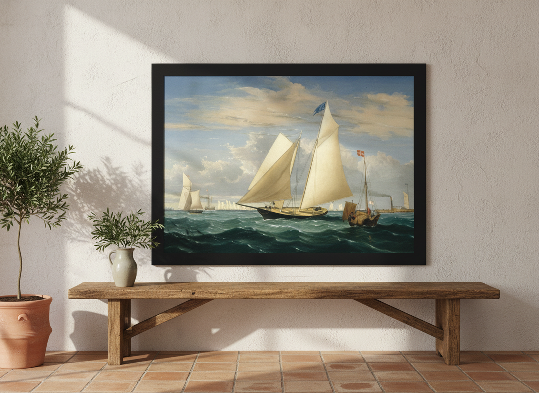 Modern wall art print standing on a bench in a Mediterranean home office