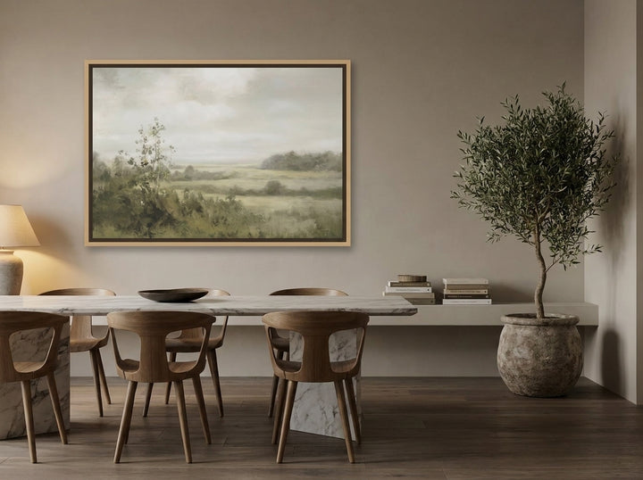 Oversized statement canvas wall art with a natural timber surround styled on the wall in a luxe dining room