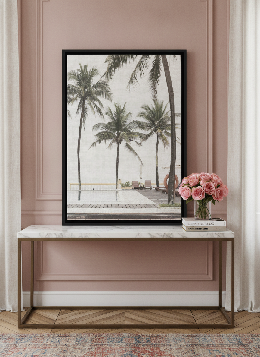 Canvas wall art with a black surround standing on a console in a Parisian home office