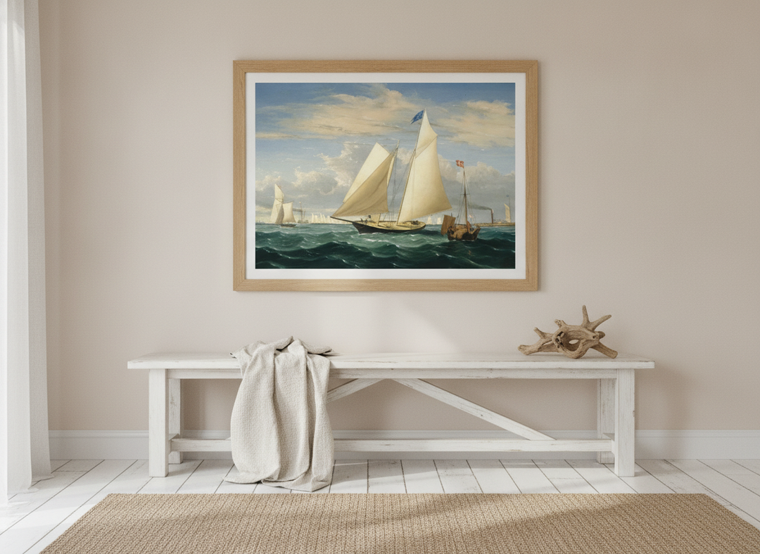 Modern wall art print styled on the wall in a coastal living room