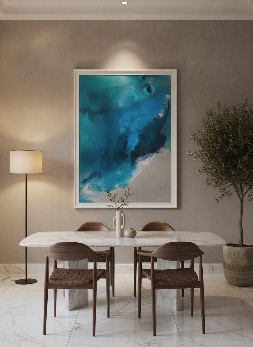 Oversized statement modern wall art print styled on the wall in a luxe dining room