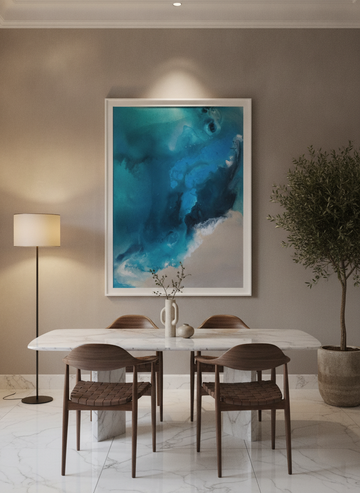 Oversized statement modern wall art print styled on the wall in a luxe dining room