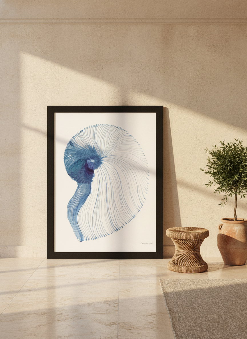 Oversized statement modern wall art print leaning against the wall in a Mediterranean living room