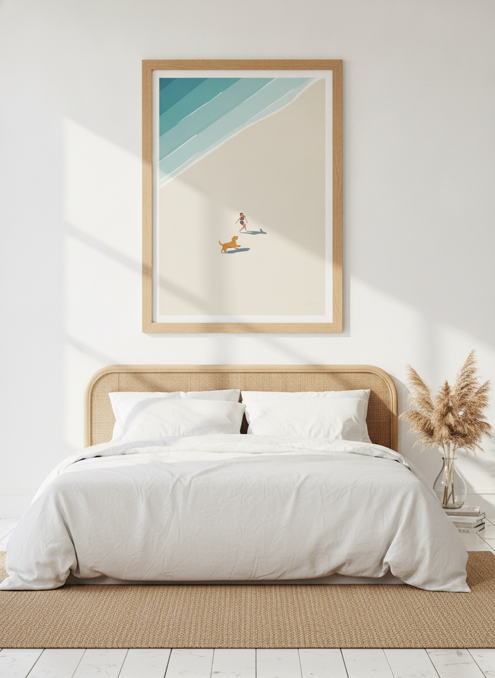 Modern wall art print styled on the wall in a coastal bedroom