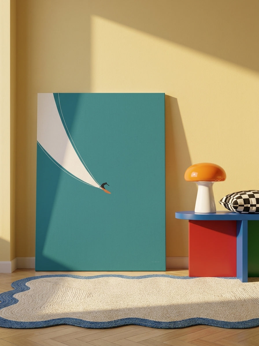 Stretched canvas wall art leaning against the wall in a colourful eclectic living room