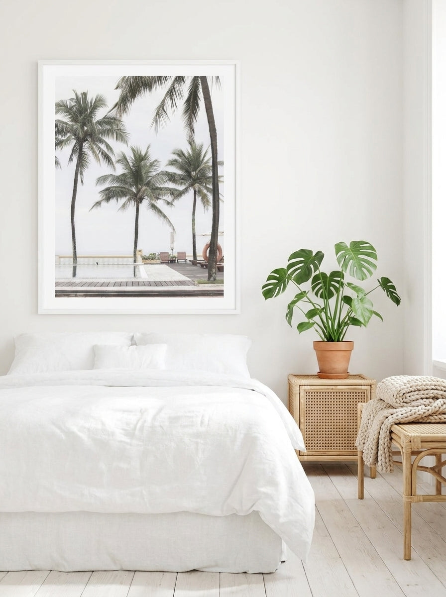 Modern wall art print styled on the wall in a bright Scandinavian bedroom