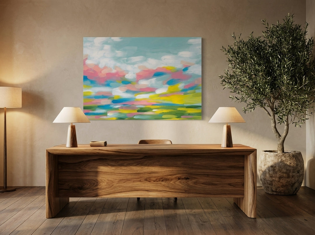 Stretched canvas wall art styled on the wall in a luxe home office