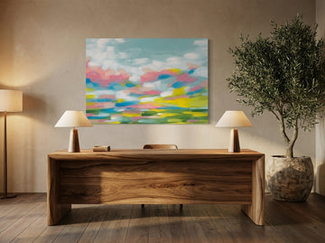 Stretched canvas wall art styled on the wall in a luxe home office