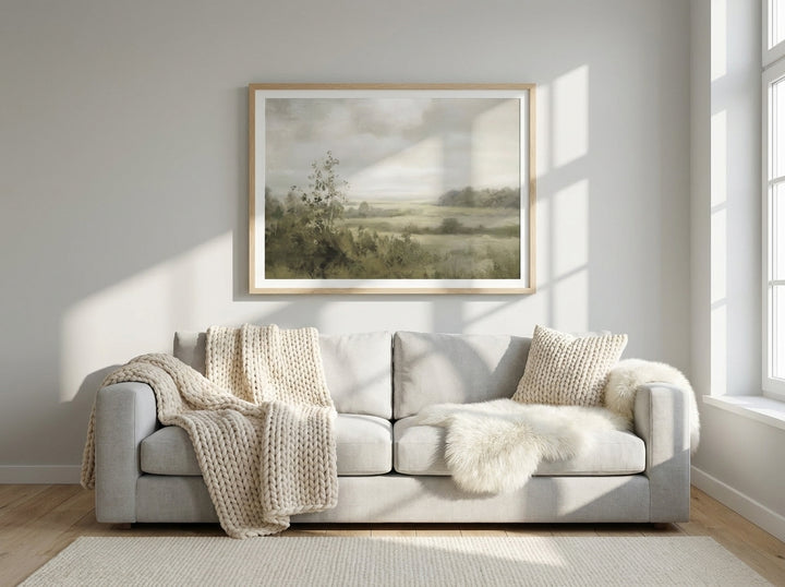 Modern wall art print styled on the wall in a bright Scandinavian living room