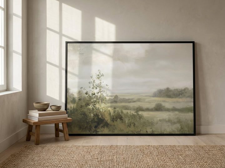 Oversized statement modern wall art print leaning against the wall in a warm Japandi bedroom