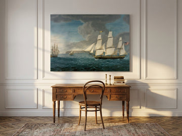 Stretched canvas wall art styled on the wall in a Parisian home office