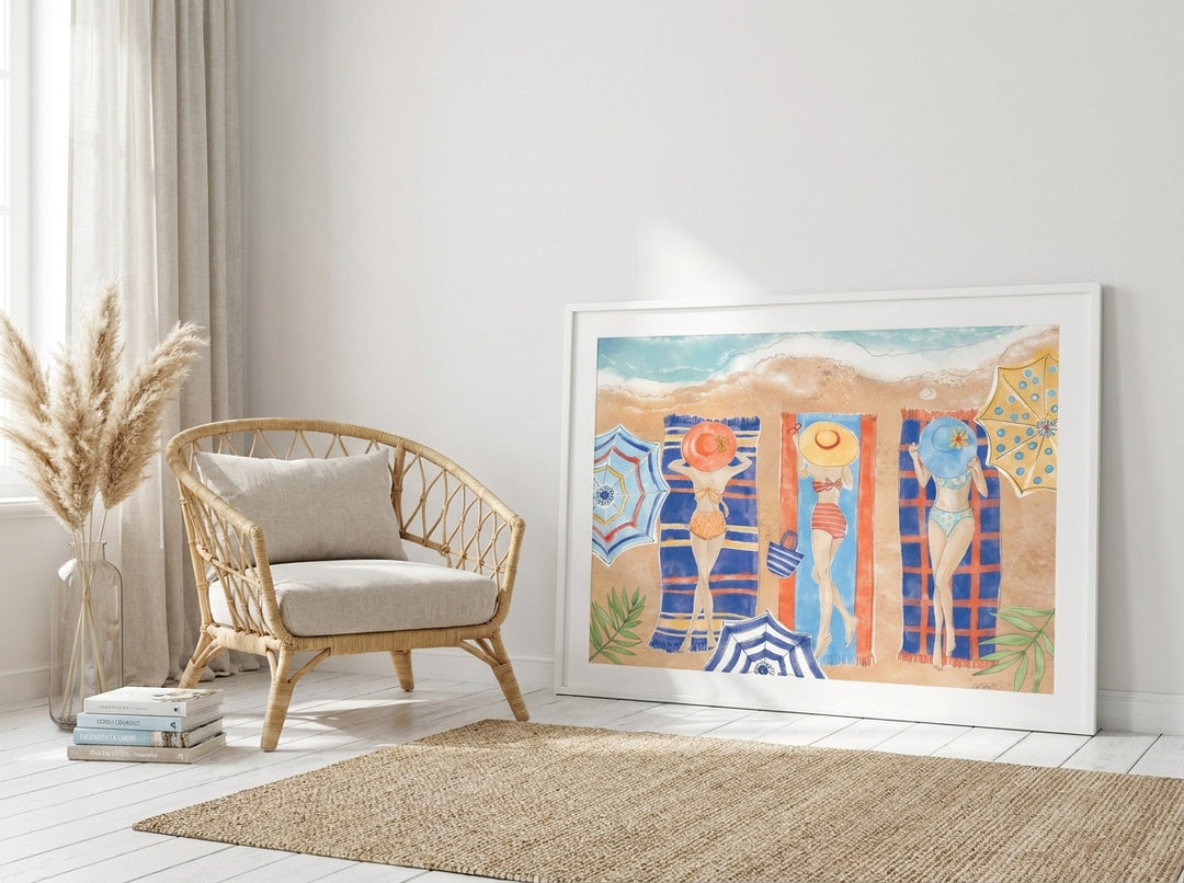Modern wall art print leaning against the wall in a coastal living room