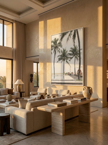 Oversized statement canvas wall art with a white surround styled on the wall in a luxe living room