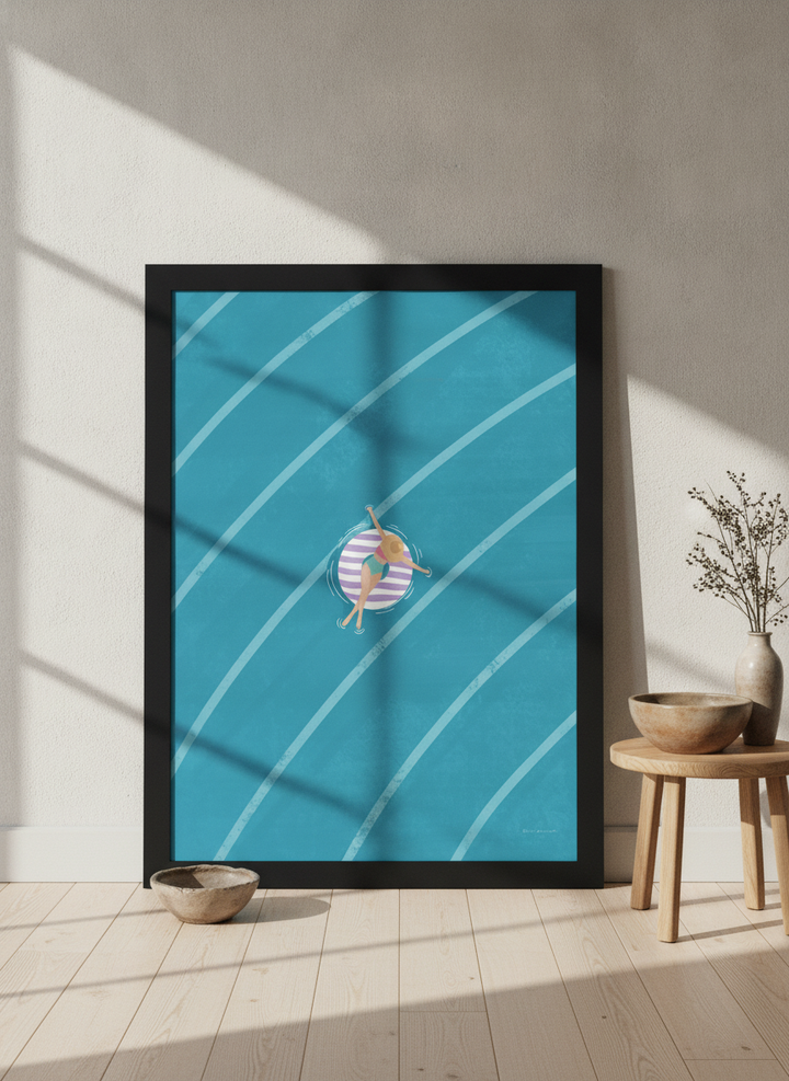 Oversized statement modern wall art print leaning against the wall in a warm Japandi living room