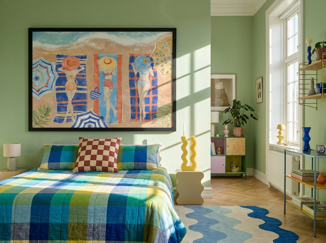 Oversized statement modern wall art print styled on the wall in a colourful eclectic bedroom
