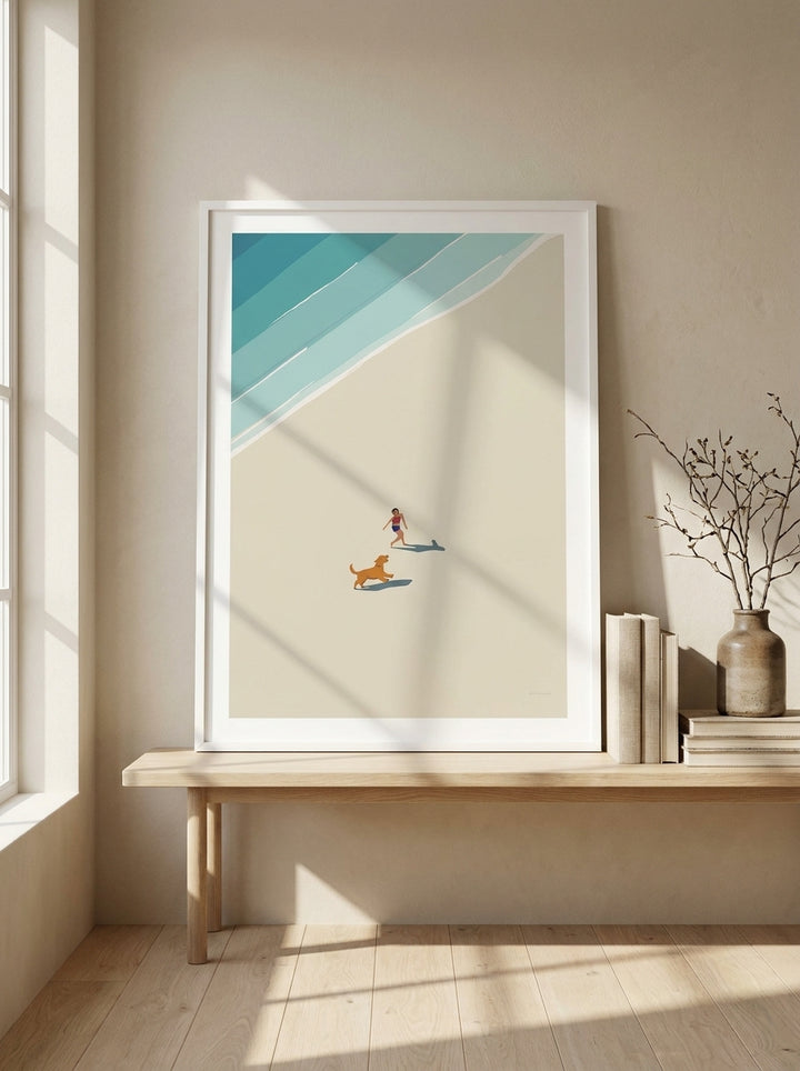 Modern wall art print standing on a bench in a warm Japandi bedroom