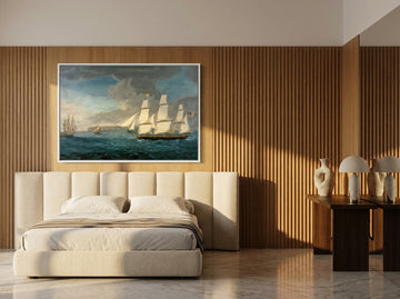 Oversized statement canvas wall art with a white surround styled on the wall in a luxe bedroom