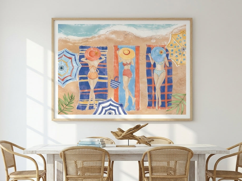 Modern wall art print styled on the wall in a coastal dining room