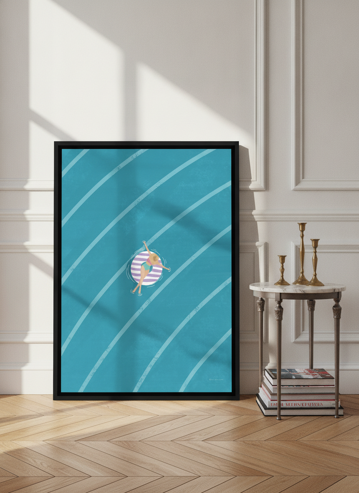 Canvas wall art with a black surround leaning against the wall in a Parisian bathroom