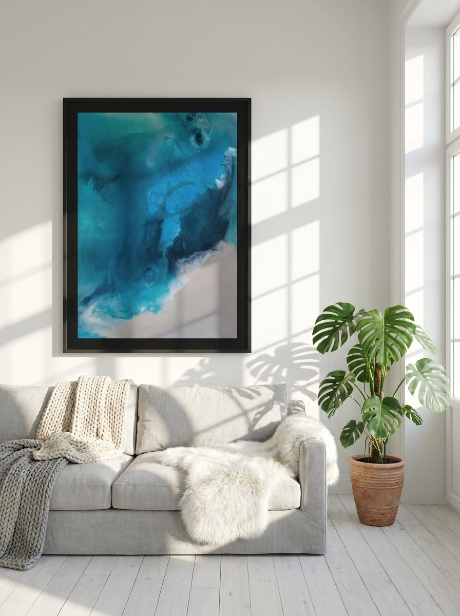 Oversized statement modern wall art print styled on the wall in a bright Scandinavian living room