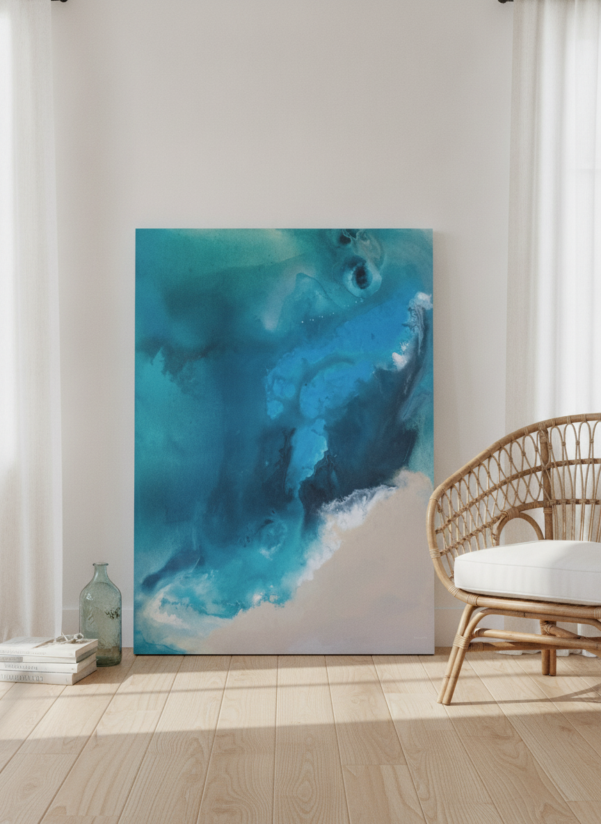 Stretched canvas wall art leaning against the wall in a coastal dining room