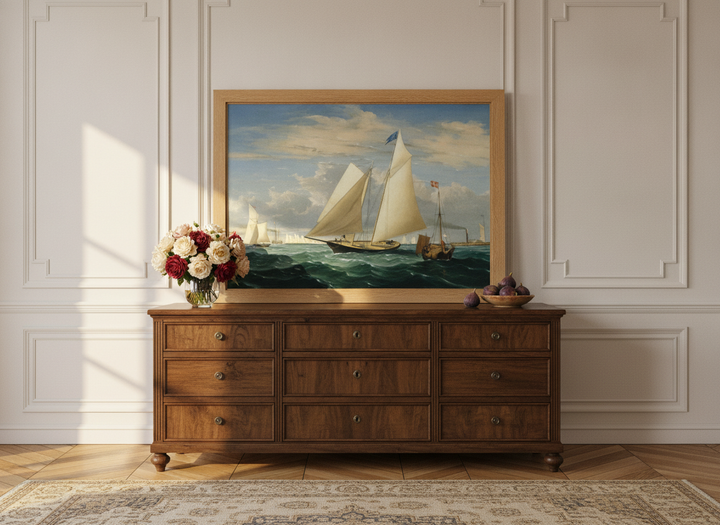 Modern wall art print standing on a sideboard in a Parisian living room