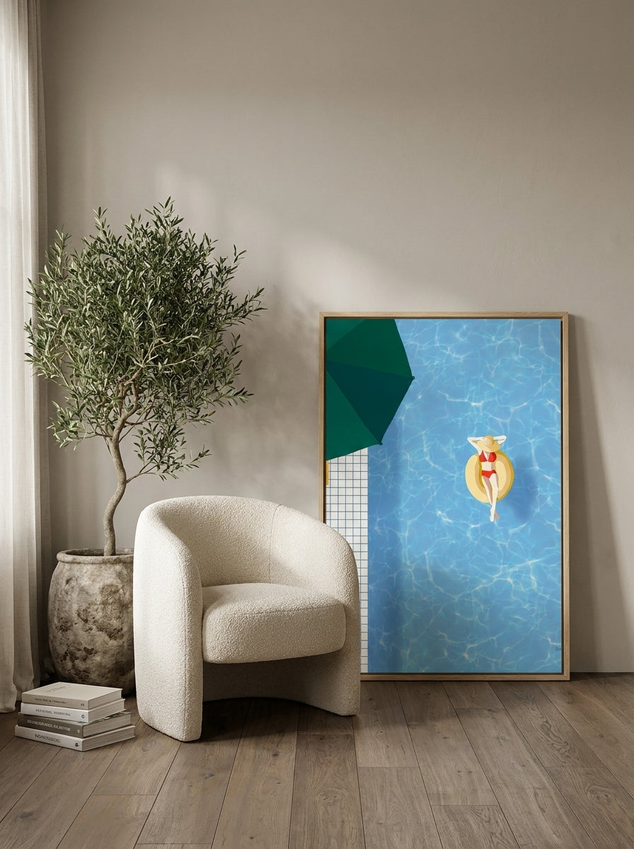 Canvas wall art with a natural timber surround leaning against the wall in a luxe bathroom