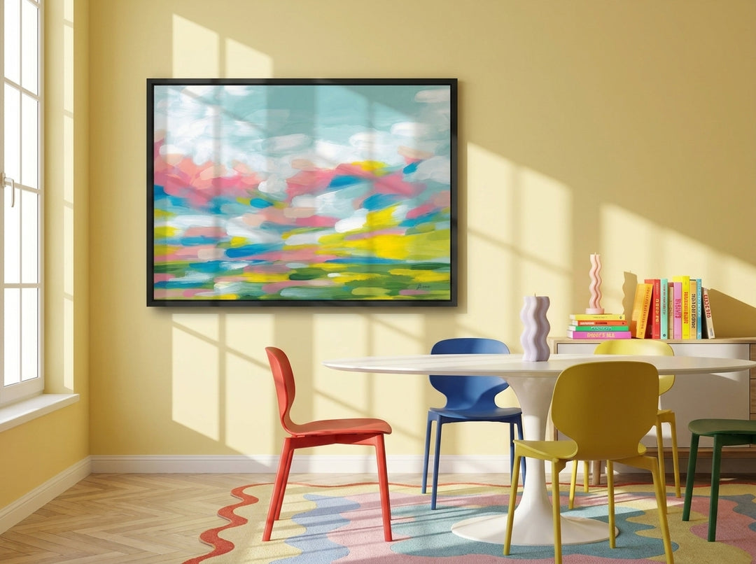 Modern wall art print styled on the wall in a colourful eclectic dining room