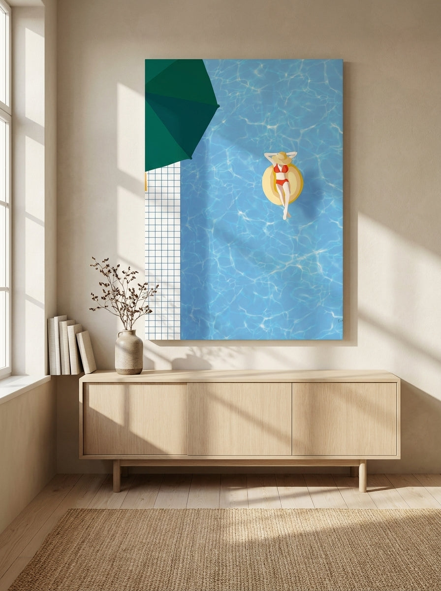 Stretched canvas wall art styled on the wall in a warm Japandi living room