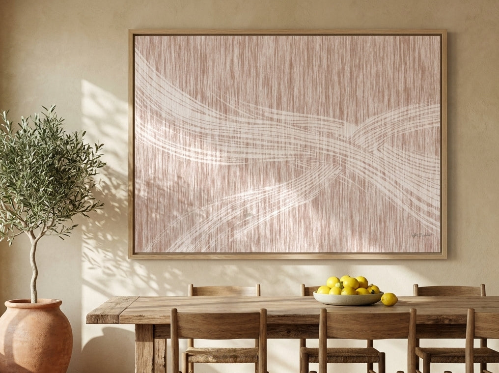 Oversized statement modern wall art print styled on the wall in a Mediterranean dining room