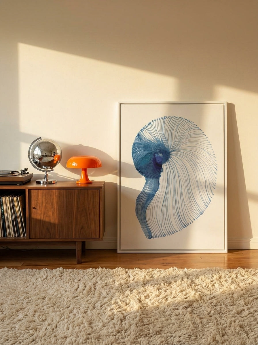 Canvas wall art with a white surround standing on a sideboard in a retro 70s home office