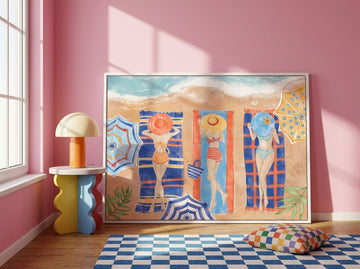 Oversized statement canvas wall art with a white surround leaning against the wall in a colourful eclectic bedroom