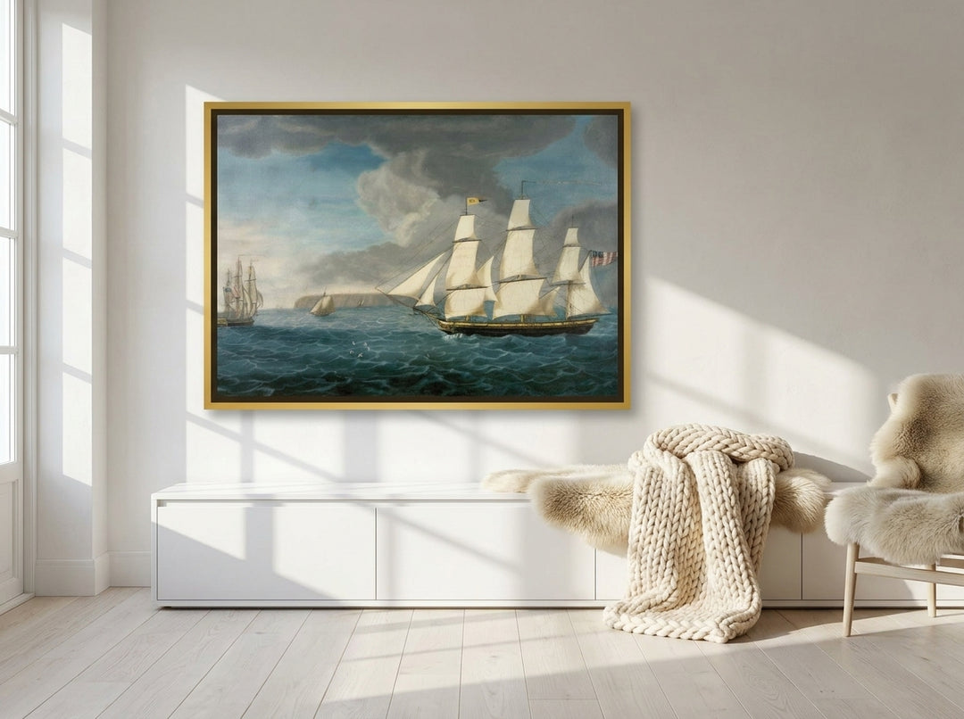 Canvas wall art with a gold leaf surround styled on the wall in a bright Scandinavian living room