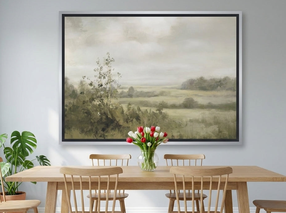 Oversized statement canvas wall art with a silver leaf surround styled on the wall in a bright Scandinavian dining room