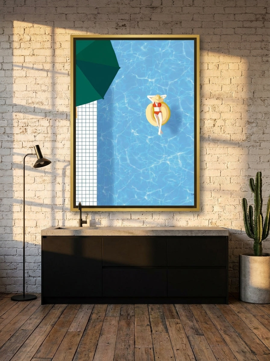 Canvas wall art with a gold leaf surround styled on the wall in an industrial loft kitchen
