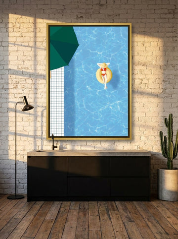 Canvas wall art with a gold leaf surround styled on the wall in an industrial loft kitchen
