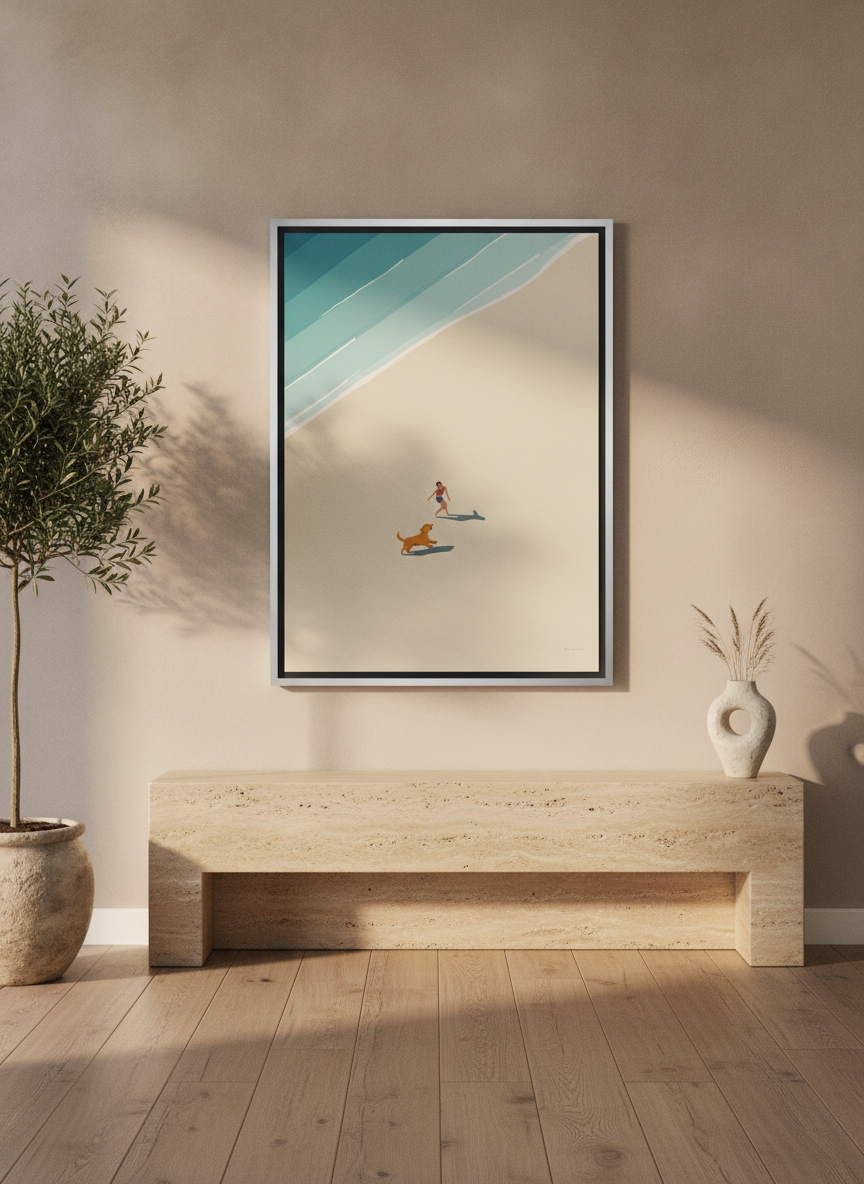 Canvas wall art with a silver leaf surround styled on the wall in a luxe living room