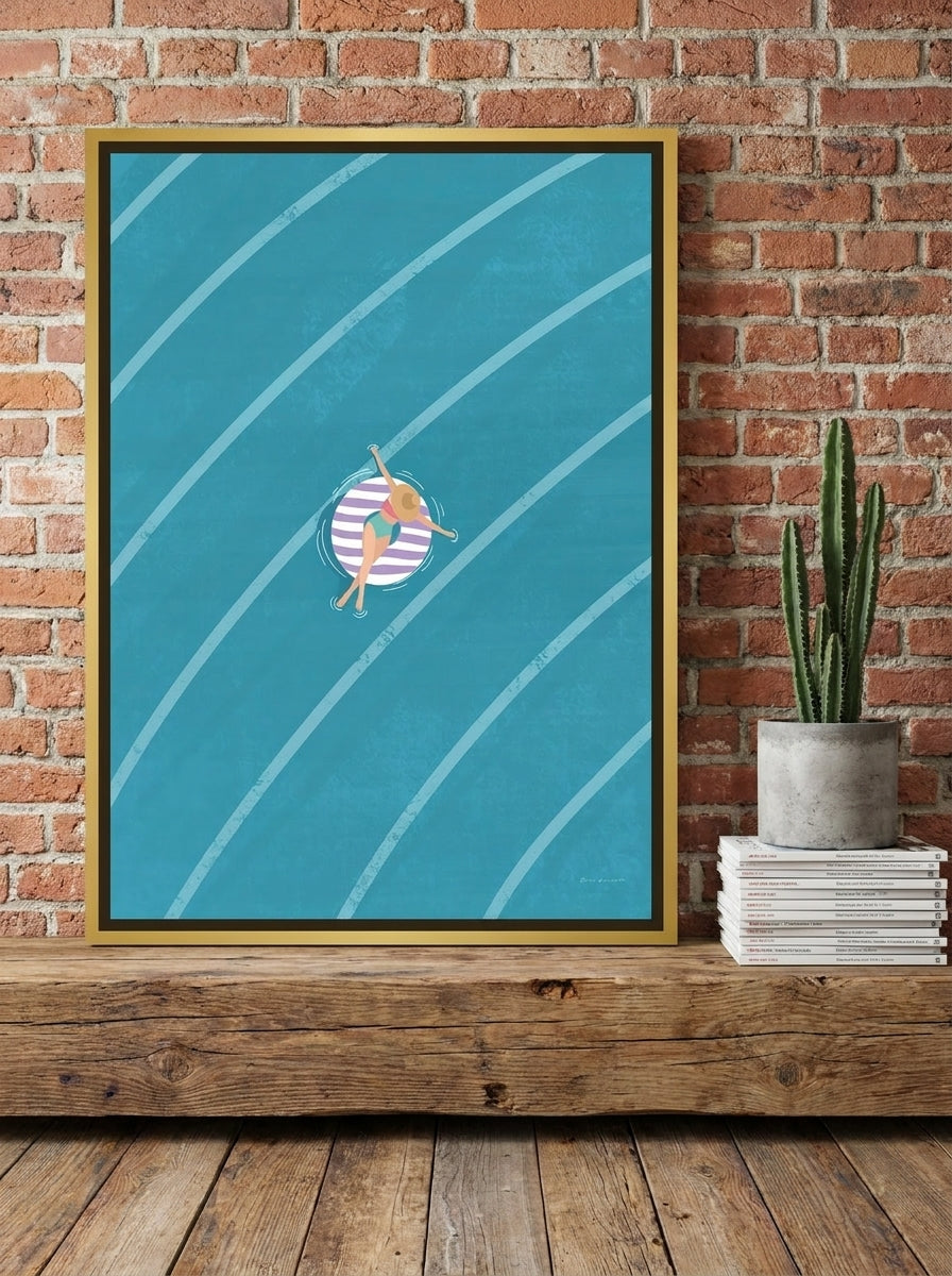 Canvas wall art with a gold leaf surround standing on a bench in an industrial loft home office