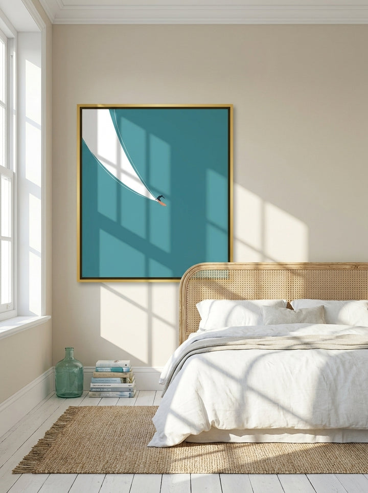 Oversized statement canvas wall art with a gold leaf surround styled on the wall in a coastal bedroom