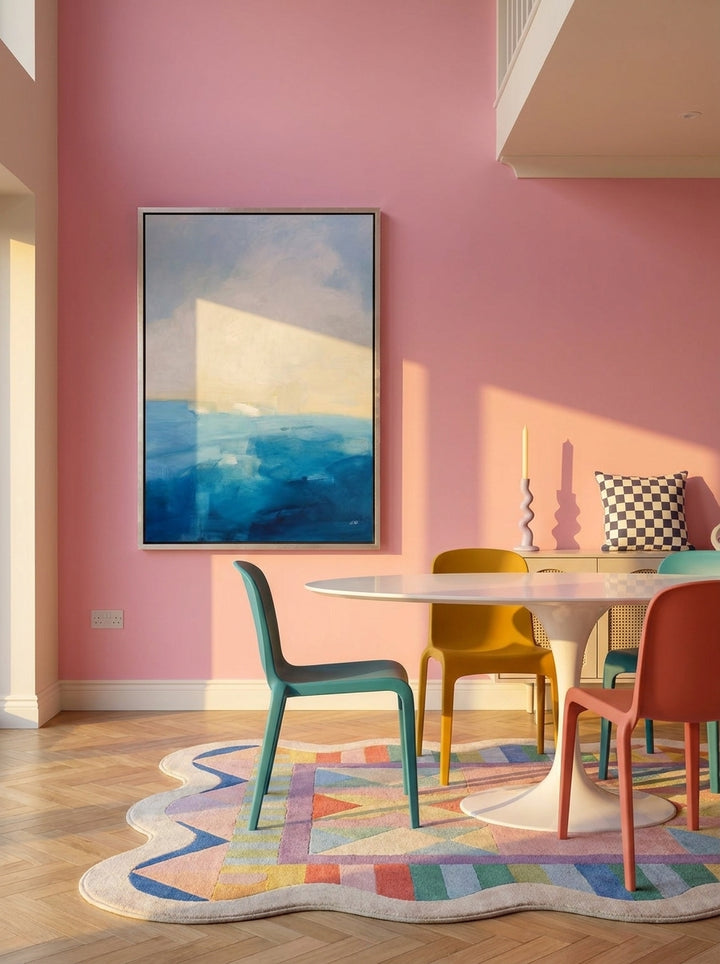 Oversized statement canvas wall art with a silver leaf surround styled on the wall in a colourful eclectic dining room