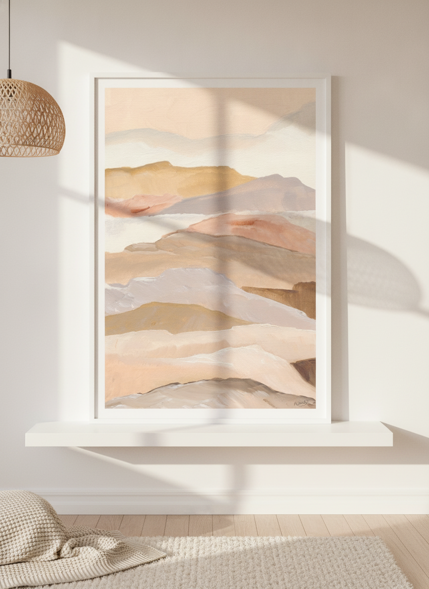 Modern wall art print standing on a shelf in a bright Scandinavian bedroom