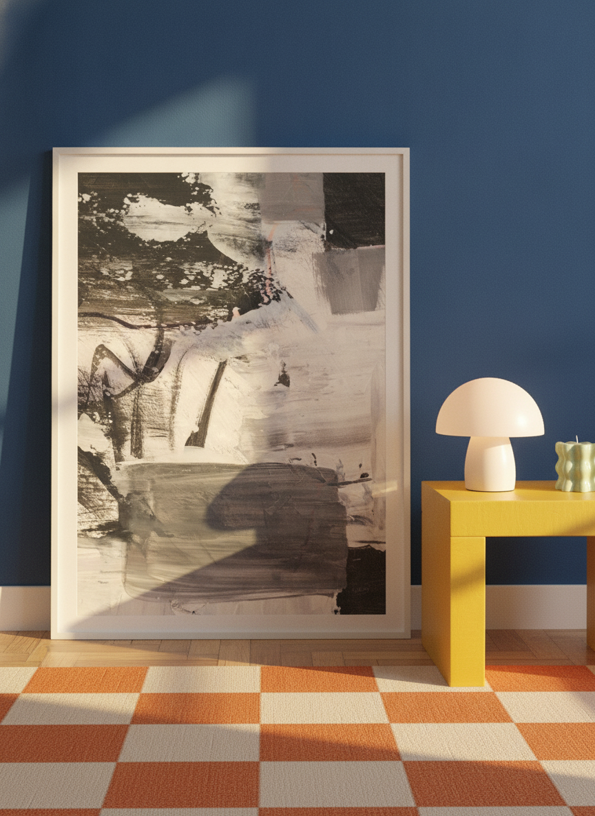 Modern wall art print leaning against the wall in a colourful eclectic home office