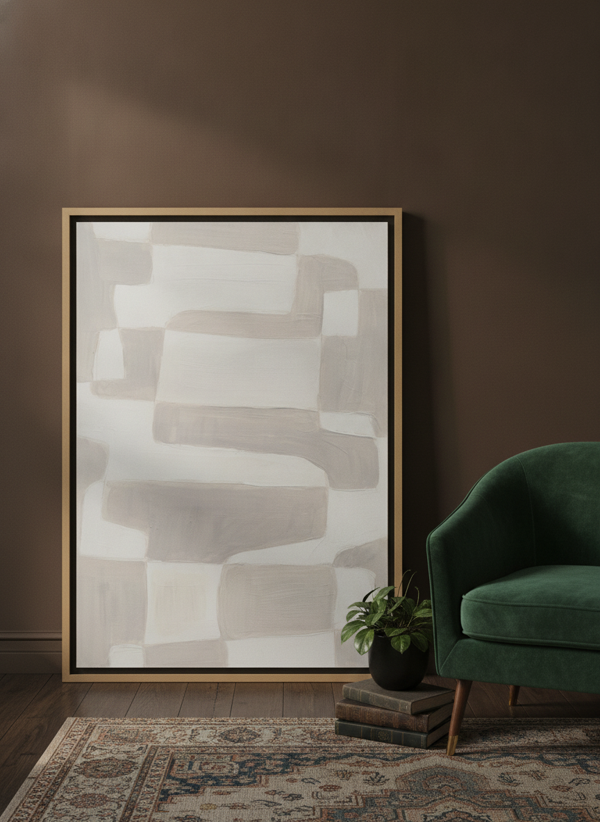 Canvas wall art with a natural timber surround leaning against the wall in a moody bedroom