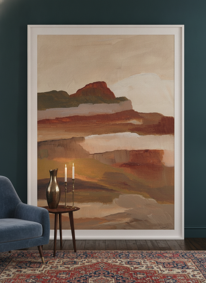 Oversized statement modern wall art print leaning against the wall in a moody living room