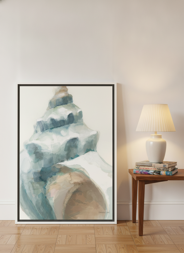 Canvas wall art with a white surround leaning against the wall in a mid-century bedroom