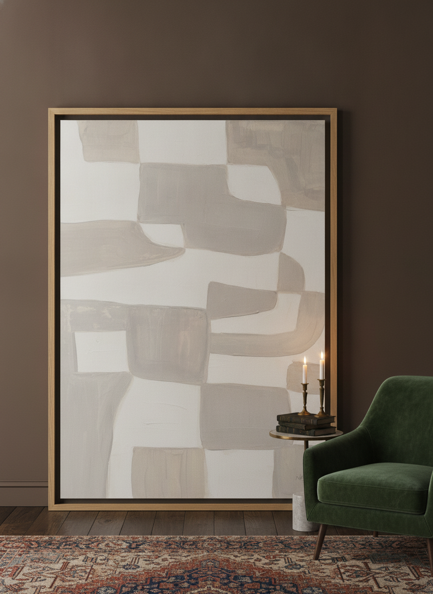 Oversized statement canvas wall art with a natural timber surround leaning against the wall in a moody bedroom