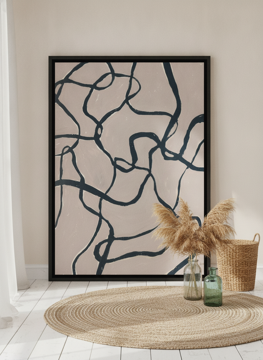 Oversized statement canvas wall art with a black surround leaning against the wall in a coastal dining room