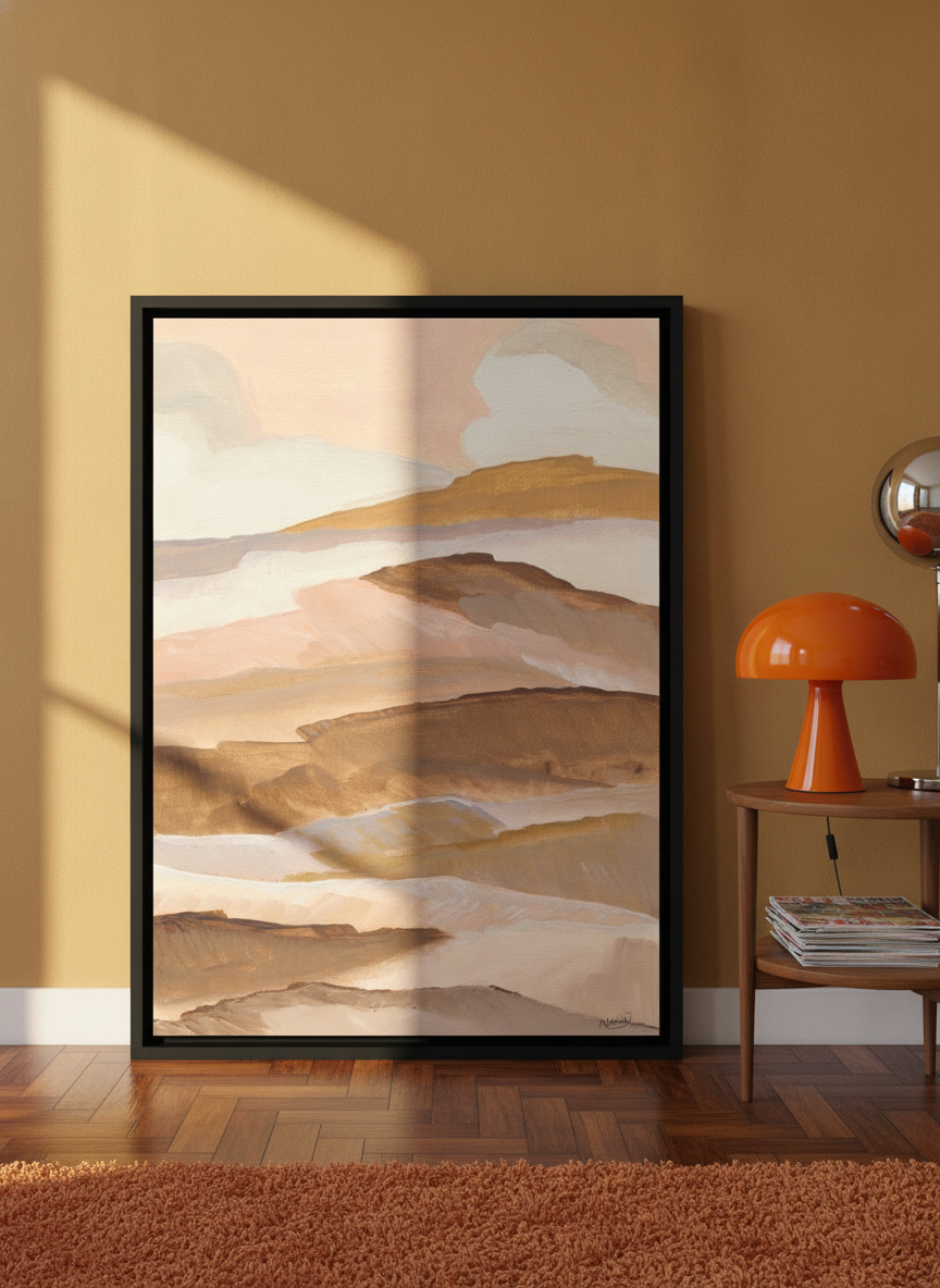 Canvas wall art with a black surround leaning against the wall in a retro 70s living room
